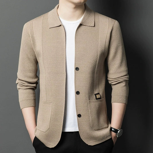 High-Quality Men's Knitted Cardigans Solid Color Simple Business Lapel Knitwear Coat Man Autumn New Long Sleeves Sweater Jacket