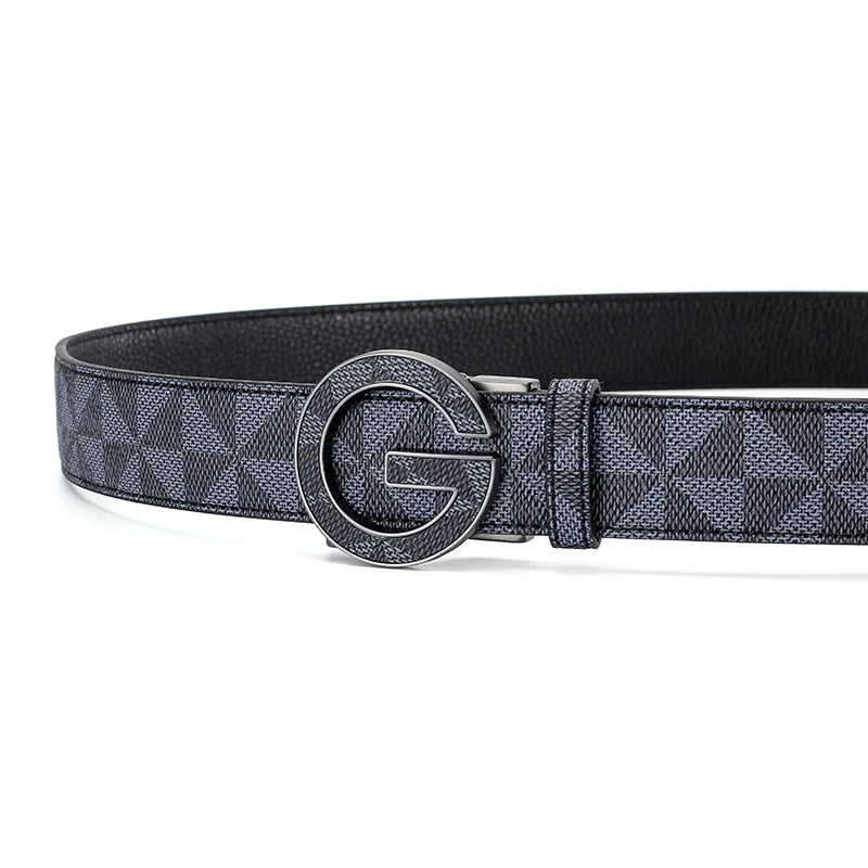 Men's Luxury Automatic Buckle Belt Classic Triangle Pattern PU Leather Business Casual Waistband for Jeans