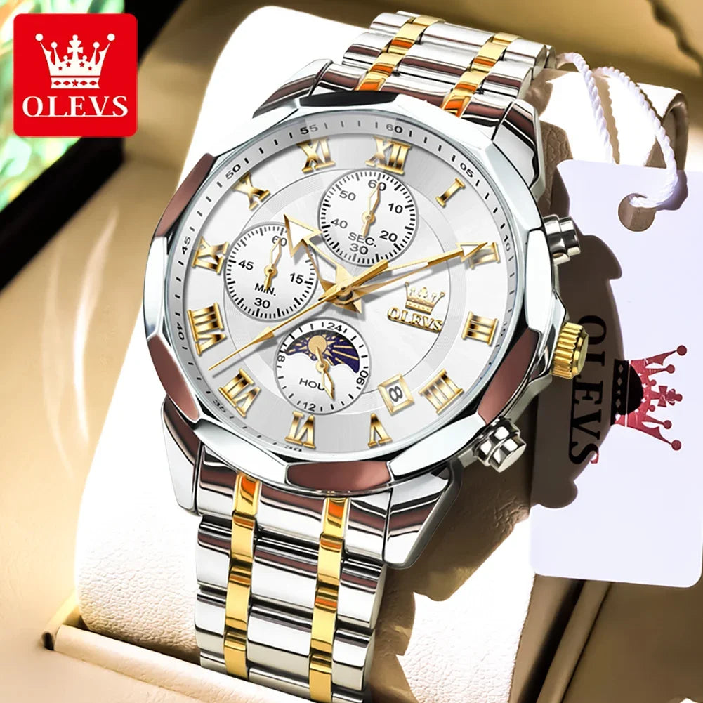 OLEVS 3675 Luxury Calendar Stainless Steel Quartz Mens Wristwatches Chronograph Waterproof Watch for Men Luminous Reloj Hombre