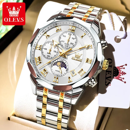 OLEVS 3675 Luxury Calendar Stainless Steel Quartz Mens Wristwatches Chronograph Waterproof Watch for Men Luminous Reloj Hombre