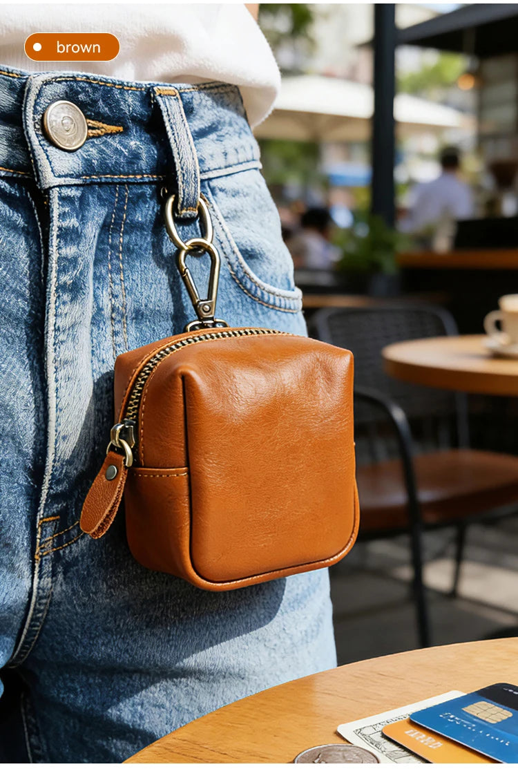 Men's Coin Purse, Genuine Leather Mini Coin Wallet Zipper Pocket with Back Belt Loop Lanyard, Lightweight Keychain Pouch for Men