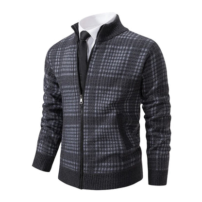 Mens Sweaters Jacket Full Zip Fleeced Sweater Cardigan Plaid Stand Collar Sweaters Coat Autumn Winter Homme Clothes