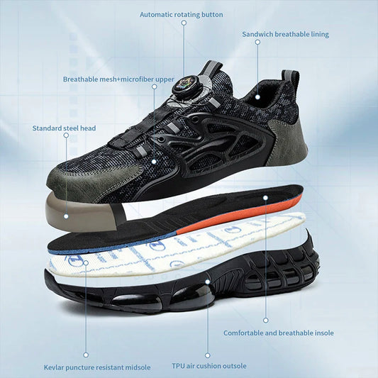 Rotating Button Protective Safety Shoes Men Steel Toe Sneakers Air Cushion Work Shoes Man Puncture Proof Work Safety Boots