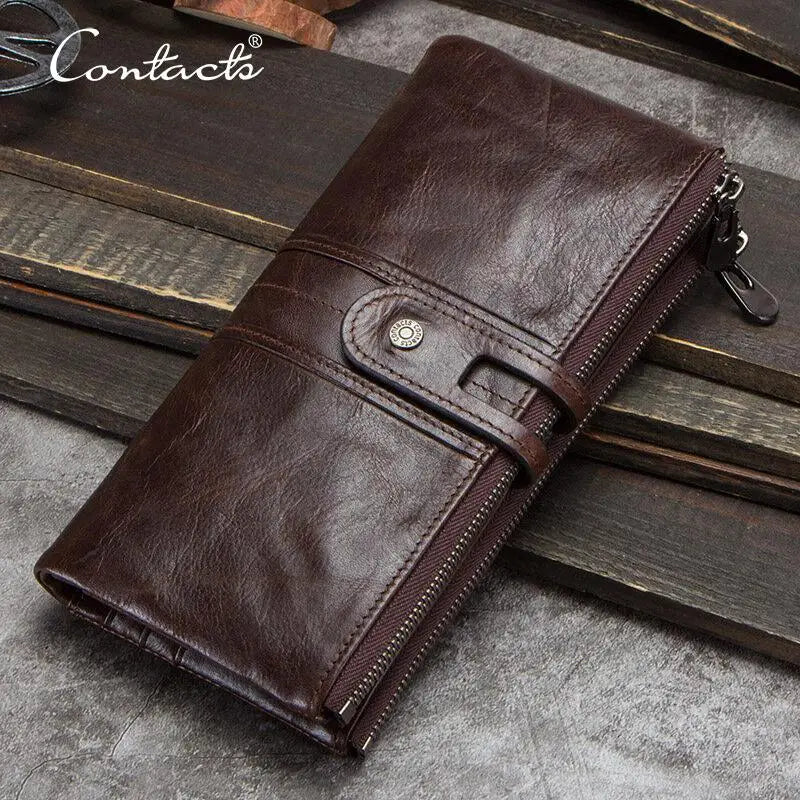 CONTACT'S Men Clutch Wallet Genuine Leather Long Wallet Hasp Card Holder Vintage Male Zipper Coin Purse Money Clip Women Purse