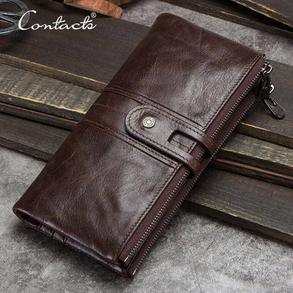 CONTACT'S Men Clutch Wallet Genuine Leather Long Wallet Hasp Card Holder Vintage Male Zipper Coin Purse Money Clip Women Purse
