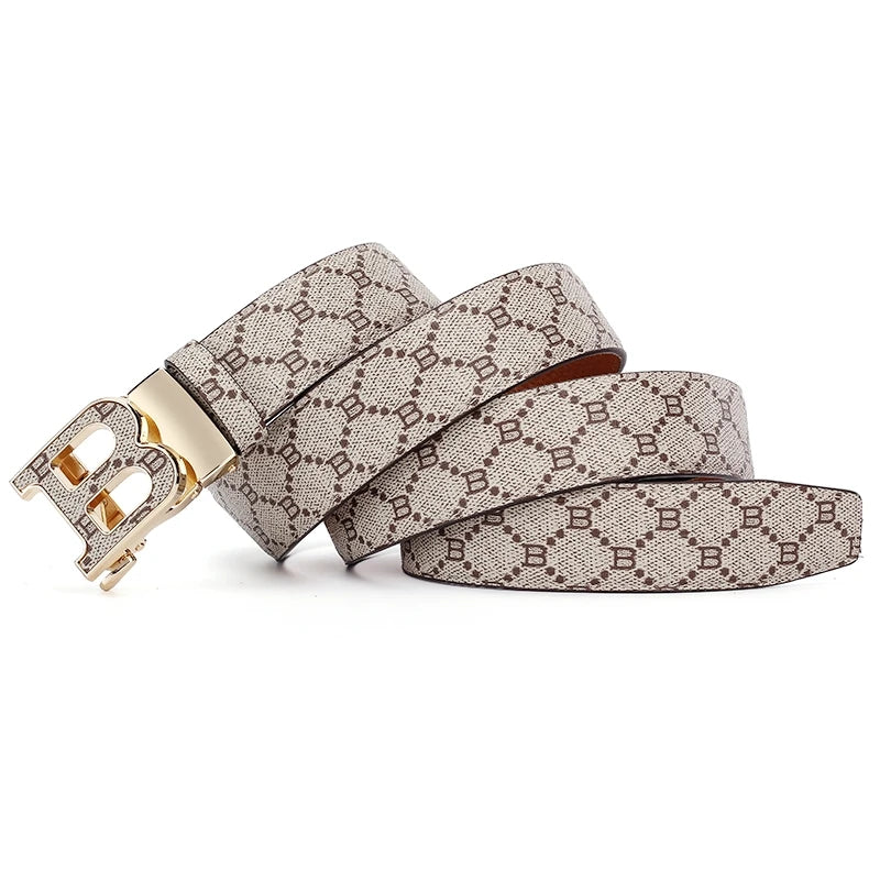 Classic B Print Leather Belt for Men - Adjustable Ratchet Buckle Dress Belt for Suits & Trousers