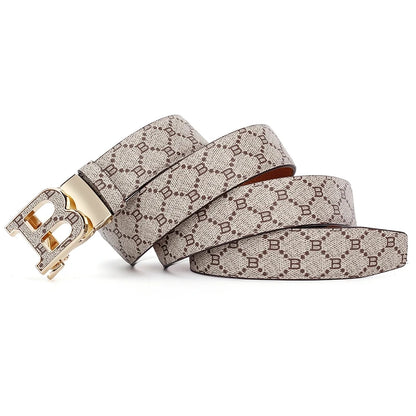 Classic B Print Leather Belt for Men - Adjustable Ratchet Buckle Dress Belt for Suits & Trousers