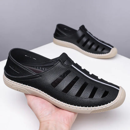 Outdoor Men Summer Sandals Breathable Hollow Leisure Anti Slip Leather Beach Shoes Fashionable Man Comfortable Hole Shoes