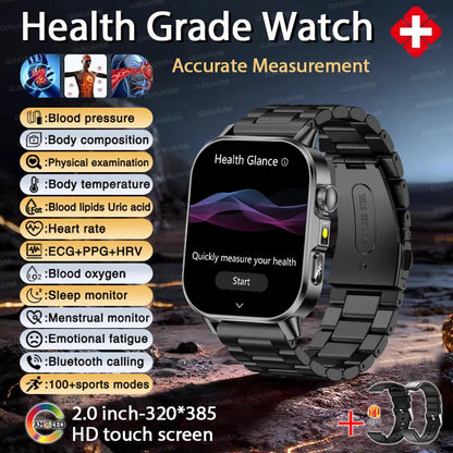 2026 Top Nursing Grade ECG+PPG Smart Watch Men Accurate Blood Pressure Lipids Uric Acid 2.0-inch AMOLED Screen HD Call Watch Men