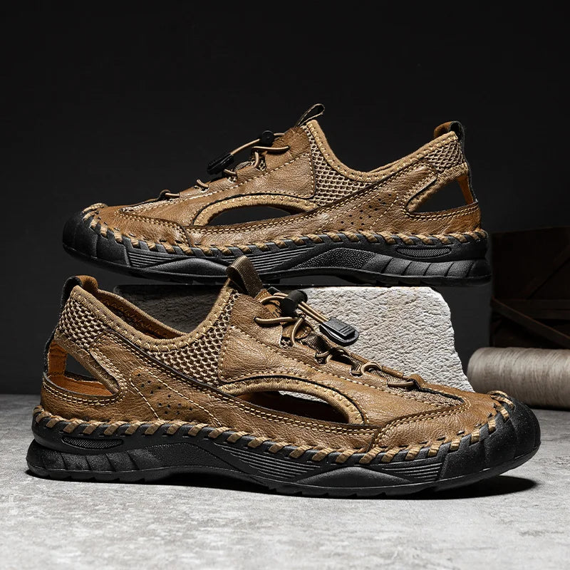 Summer Men Full Casual Leather Hand Stitch Big Size Outdoor Beach Sandals Closed Toe Non Slip Comfort New Summer Walking Shoes