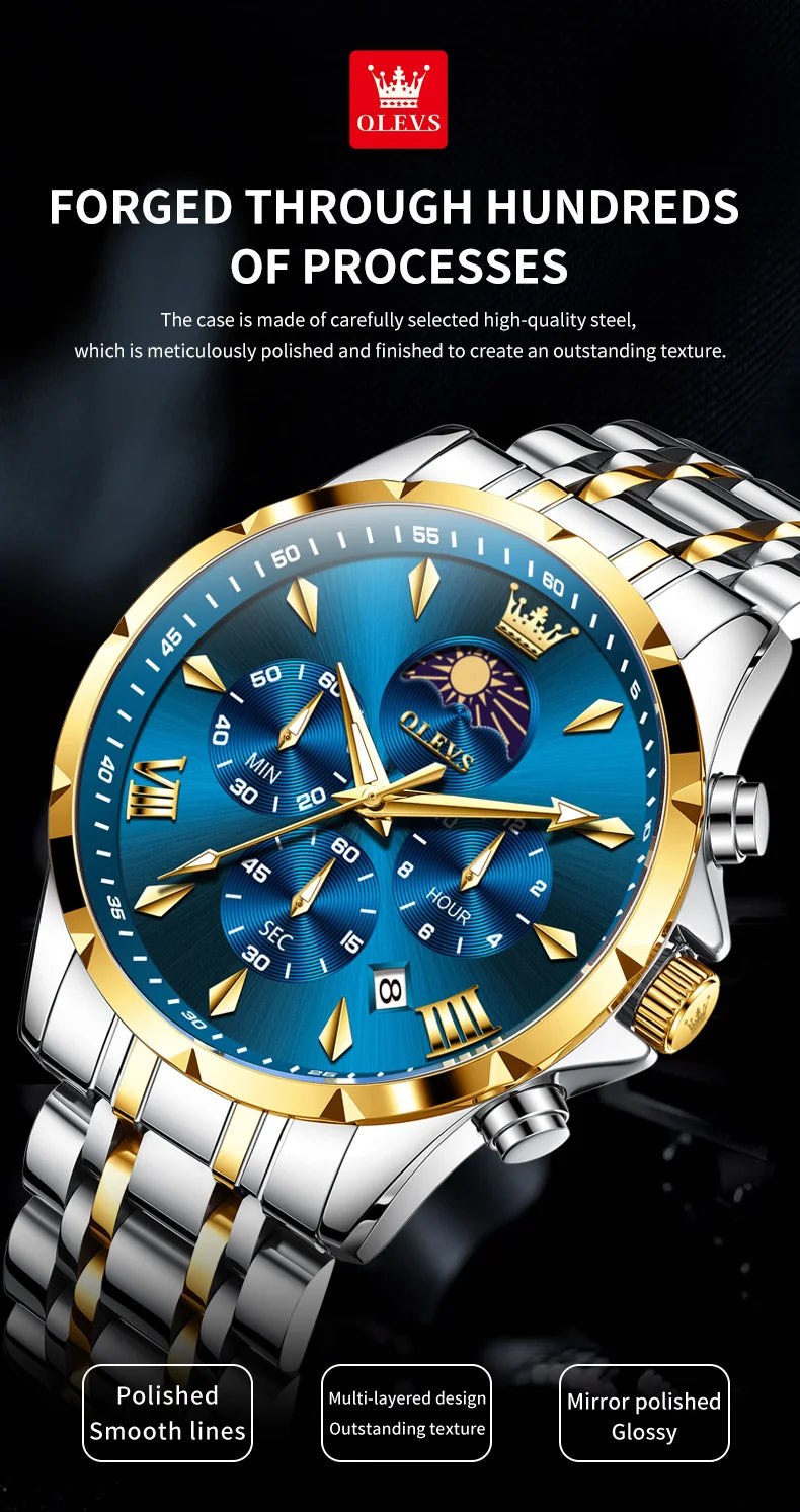 OLEVS 3653 Original Mens Quartz Watch NEW Four Functional Small Dials Chronograph 24-hour Moon Phase Stainless Steel Waterproof Man Wristwatch