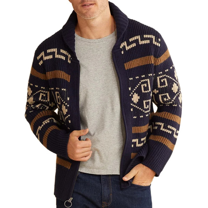 Men's Geometric Knit Cardigan Shawl Collar Full Zip-Up Tribal Print Sweater Chunky Ribbed Knit Vintage Navajo-Inspired Jacket