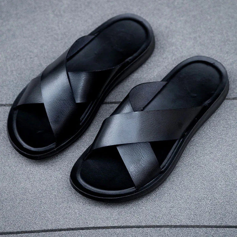 New Arrivals Italian Leather Slippers for Men Summer Hotel Beach High Quality Slip on Light Flats Male Flip Flops Big Size 38-47
