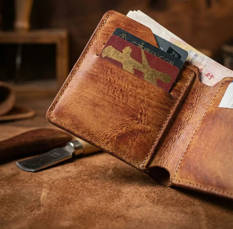 Retro Handcrafted Genuine Leather Small Wallet for Men, Vintage Durable EDC Card Holder, Men Multi-card Slots Organizer Wallet