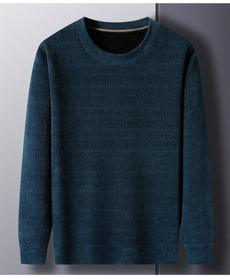 Fleece-Lined Knitted Pullover Sweater Casual Jumper for Men Insulated Warm Long Sleeve Thick Material Round Neck Design