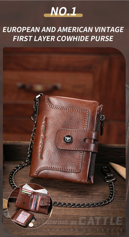 BULLCAPTAIN Men's Genuine Leather Wallet Business Retro Snap Wallet Multifunctional RFID Anti-Theft Zipper Multi-Card Coin Purse