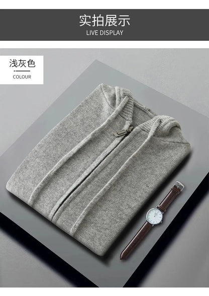 Autumn And Winter Men's 100% Pure Wool Cardigan Warm Zipper Hooded Casual Knitted Cashmere Coat