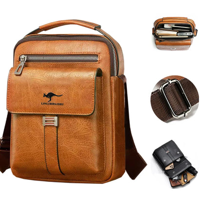 Men Multifunctional Leather Shoulder Bag Multi Pocket Crossbody Messenger Bag Business Travel Handbag with Top Handle Black