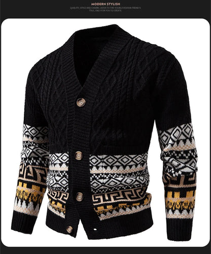 Men's Cable Knit Fair Isle Geometric Striped Cardigan V Neck Button Front Pocket Long Sleeve Sweater Autumn Winter Casual