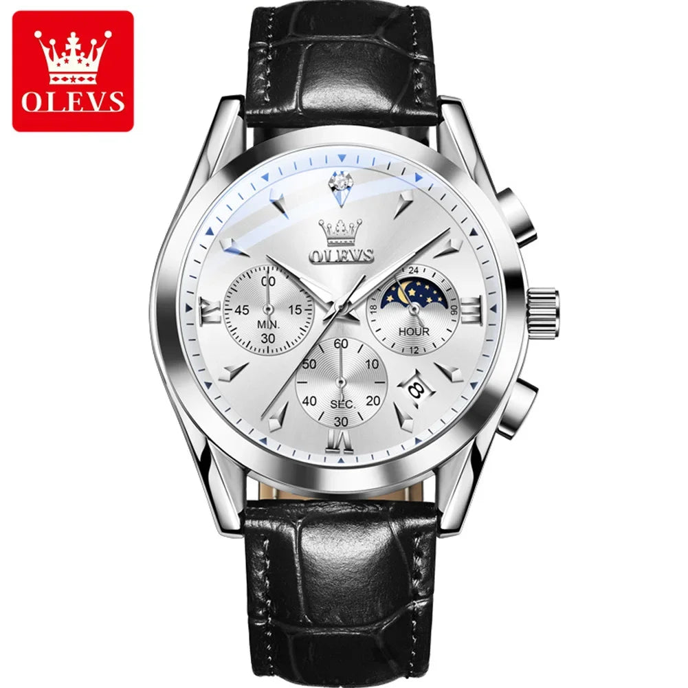 OLEVS 3609 Original Moon Phase Chronograph Watch for Men Leather Waterproof Luminous Luxury Quartz Mens Wristwatches Reloj Mujer
