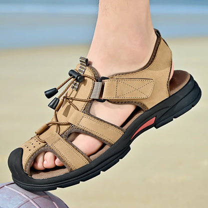 Genuine Leather Mens Water Beach Sandals Summer Closed Toe Sandals Non-slip Hiking Wading Sneakers Quick Dry Wading Aqua Shoes