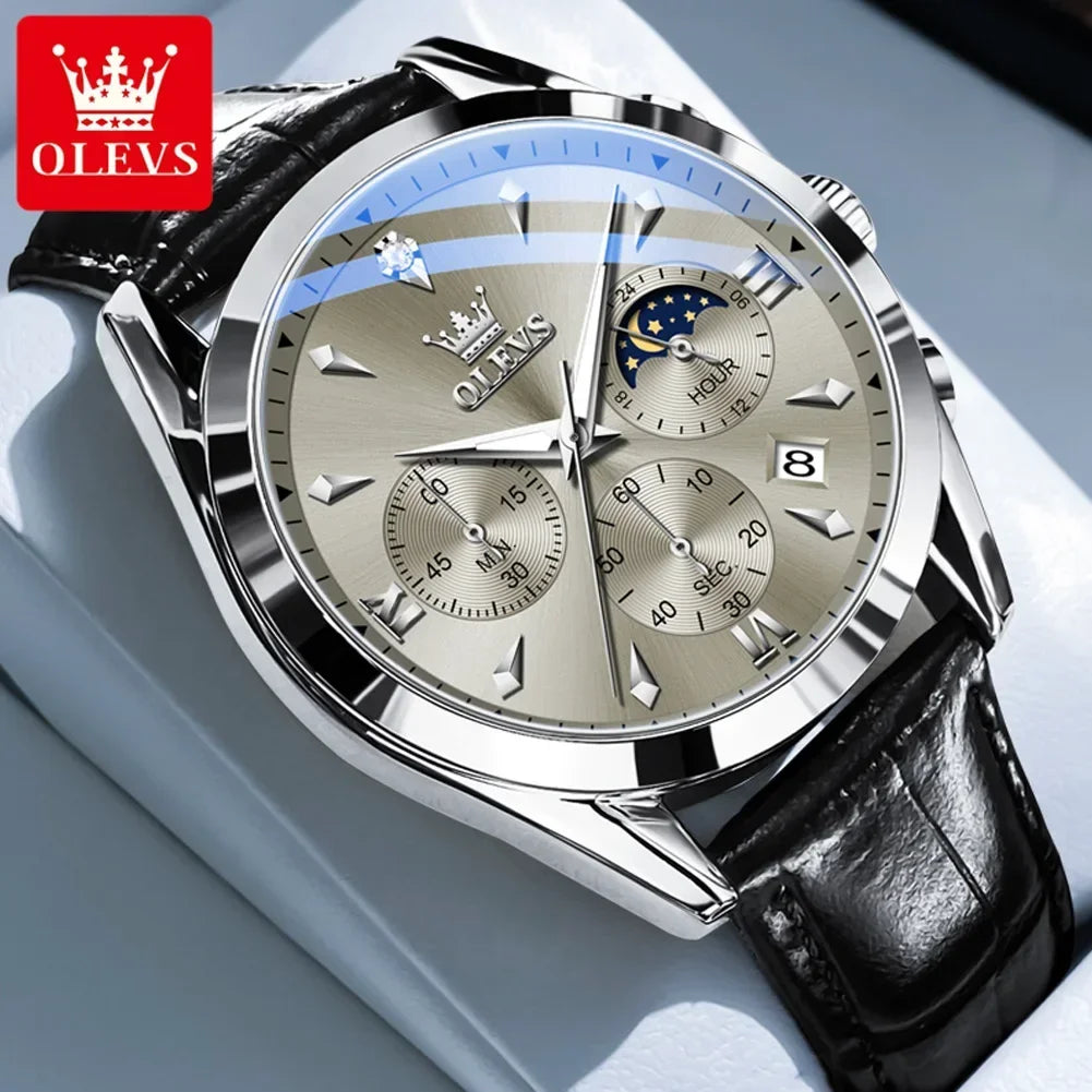 OLEVS 3609 Original Moon Phase Chronograph Watch for Men Leather Waterproof Luminous Luxury Quartz Mens Wristwatches Reloj Mujer