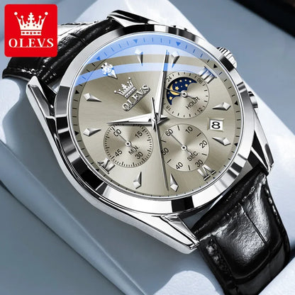 OLEVS 3609 Original Moon Phase Chronograph Watch for Men Leather Waterproof Luminous Luxury Quartz Mens Wristwatches Reloj Mujer