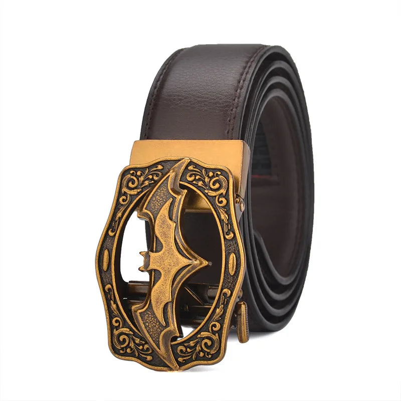Men's Vintage Bat Pattern Genuine Leather Belt, Silver Gold Automatic Buckle, Plus Size 130 140 150 160 170cm Casual Waistband