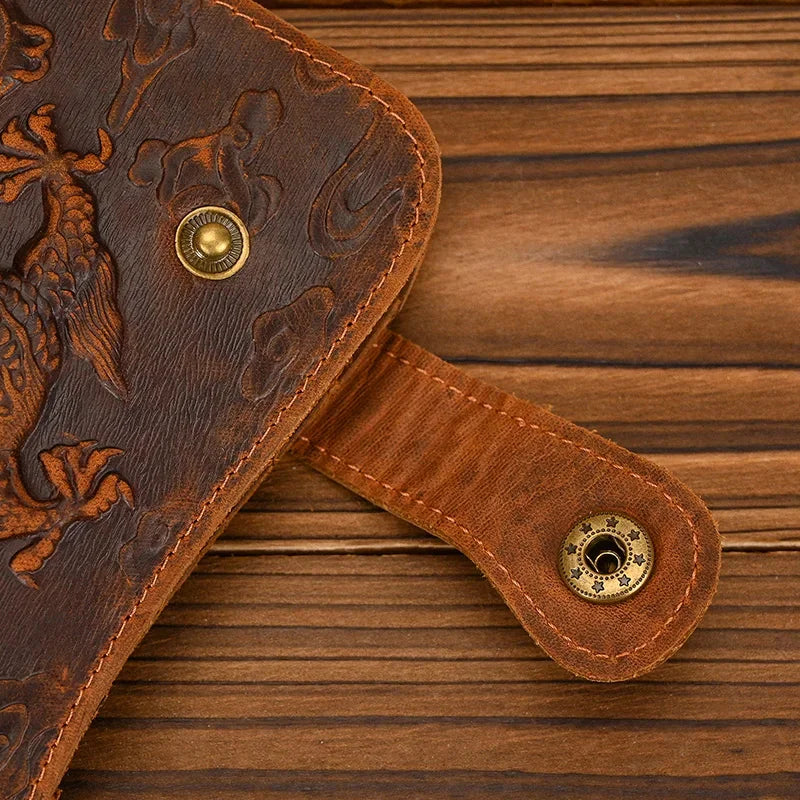 Men's Genuine Leather Wallet Chain Snap Bifold Purse Crazy Horse Leather Card Case Phone Card Holder Clutch Dragon Wallet