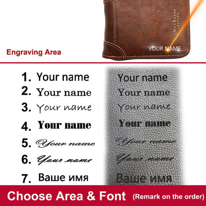 Big Capacity Men Short Wallets Name Engraving High Quality Card Holder Retro Male Coin Purse  Simple Zipper Men Money Clips