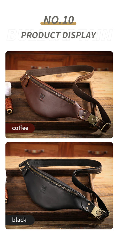 BULLCAPTAIN Men's Crazy Horse Leather Belt Bag Classic Retro Crossbody Bag Outdoor Storage Mountaineering Mobile Phone Bag