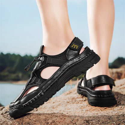 Men's Handmade Simple Letter-Print Sandals, Summer Beach Hollow Sandals, Fashionable Velcro Men's Shoes, Outdoor Hiking and River-Tracing Shoes, Comfortable, Breathable, Wear-Resistant, Non-Slip, Large Size Men's Shoes