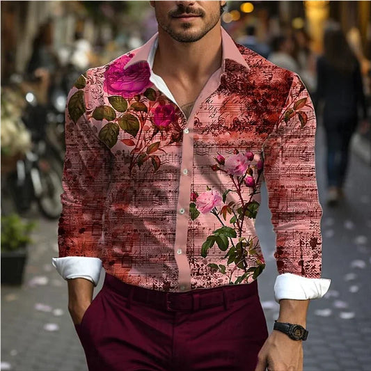 Men's Western Shirt Vintage Pattern Lapel Long Sleeve Button Print Top Fashion Streetwear Designer Western Style