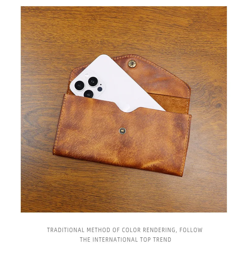 Genuine Leather Retro Men Handmade Wallet Handbag High Quality Phone Pocket Simple Card Bag Big Capacity Male Purses