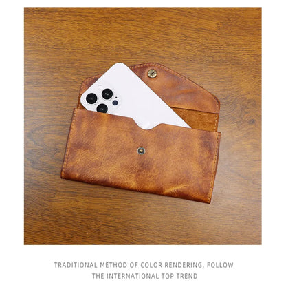 Genuine Leather Retro Men Handmade Wallet Handbag High Quality Phone Pocket Simple Card Bag Big Capacity Male Purses