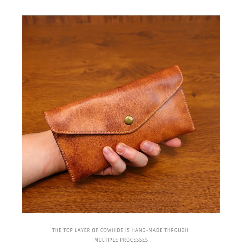 Genuine Leather Men Handmade Wallet High Quality Retro Handbag Simple Phone Pocket Card Bag Big Capacity Male Purses