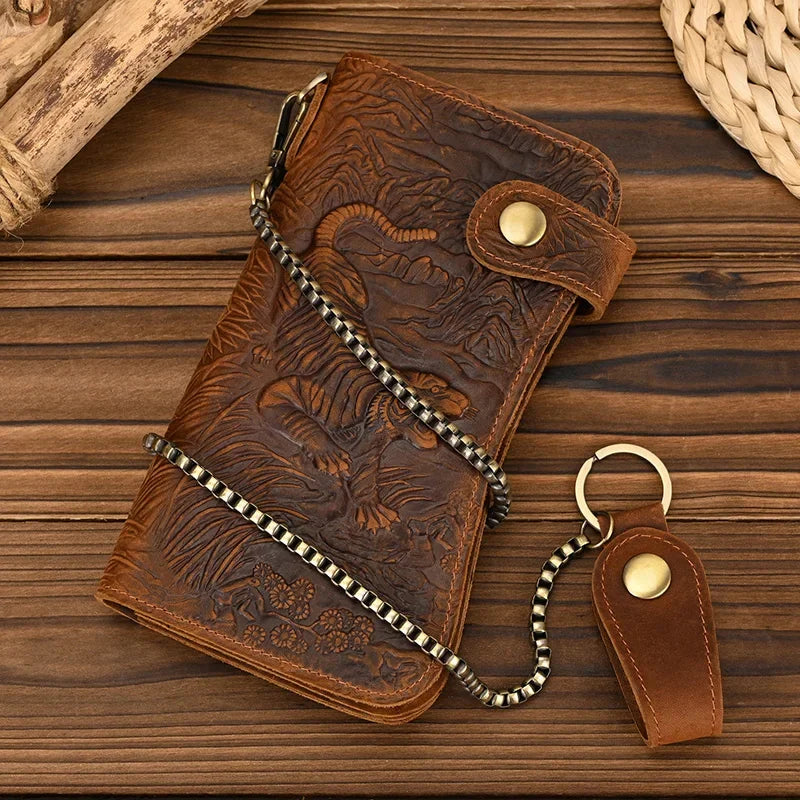 Men's Genuine Leather Wallet Chain Snap Bifold Purse Crazy Horse Leather Card Case Phone Card Holder Clutch Dragon Wallet