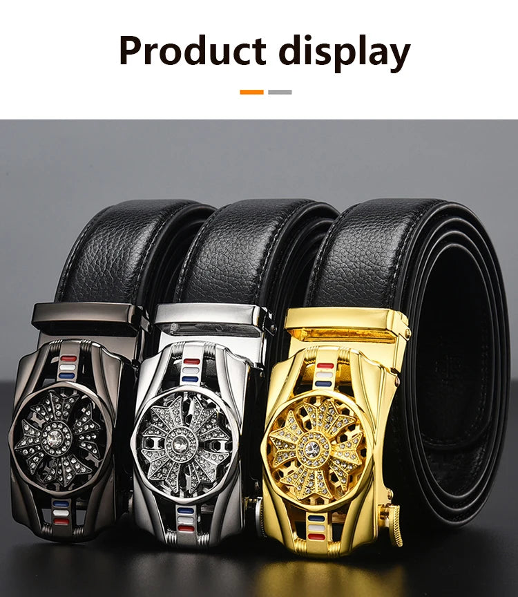 Mens Belt Material Metal Rotatable Buckle  Leather Belt High Quality Men Business Belt Golden Waist Buckle Rhinestone De