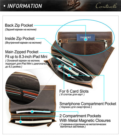 CONTACT'S Genuine Leather Clutch Bags Men Password Retro Wrist Strap Handbag iPad Travel Business Fitness Clutch Wallet