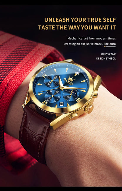 OLEVS Luxury Men's Watches Leather Strap Waterproof Luminous Chronograph Moon Phase Man Watch Top Original Quartz Watch for Men
