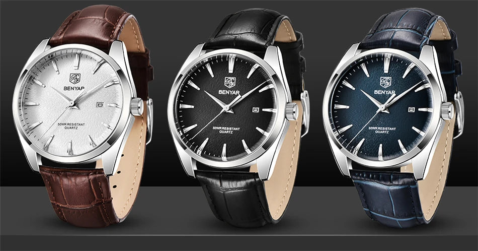 Benyar 5163 Top Brand Luxury Military Wristwatches Leather Quartz Watches Waterproof Simple Watch for Men Reloj Hombre