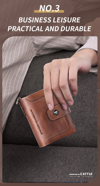 BULLCAPTAIN Men's Genuine Leather Wallet Business Retro Snap Wallet Multifunctional RFID Anti-Theft Zipper Multi-Card Coin Purse