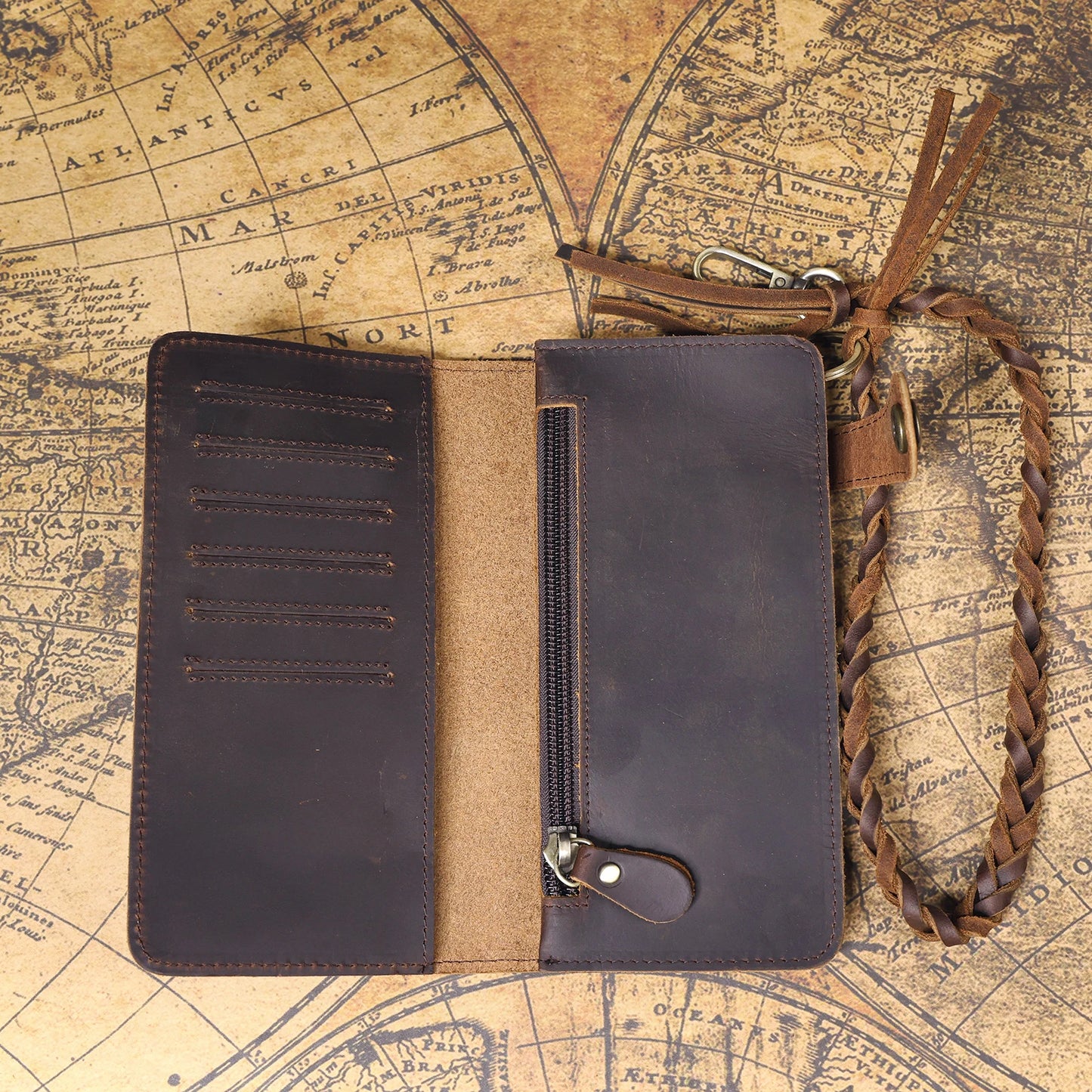 S.WORKER Vintage Crazy Horse Leather Wallet Handmade Men's Genuine Leather Long Wallet Pocket Purse Clutch Cash Card Holder