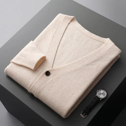 100% Pure Wool Sweater Autumn Winter New Men's Cardigan V-Neck Buckle Jacket Loose Casual Cashmere Knitted Sweater Long Sleeveds