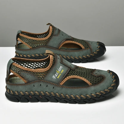 Summer Sandals Breathable Men Shoes Leather & Mesh Outdoor Men Sandals Antiskid Beach Sandals Hollow Flats Footwear Handmade New