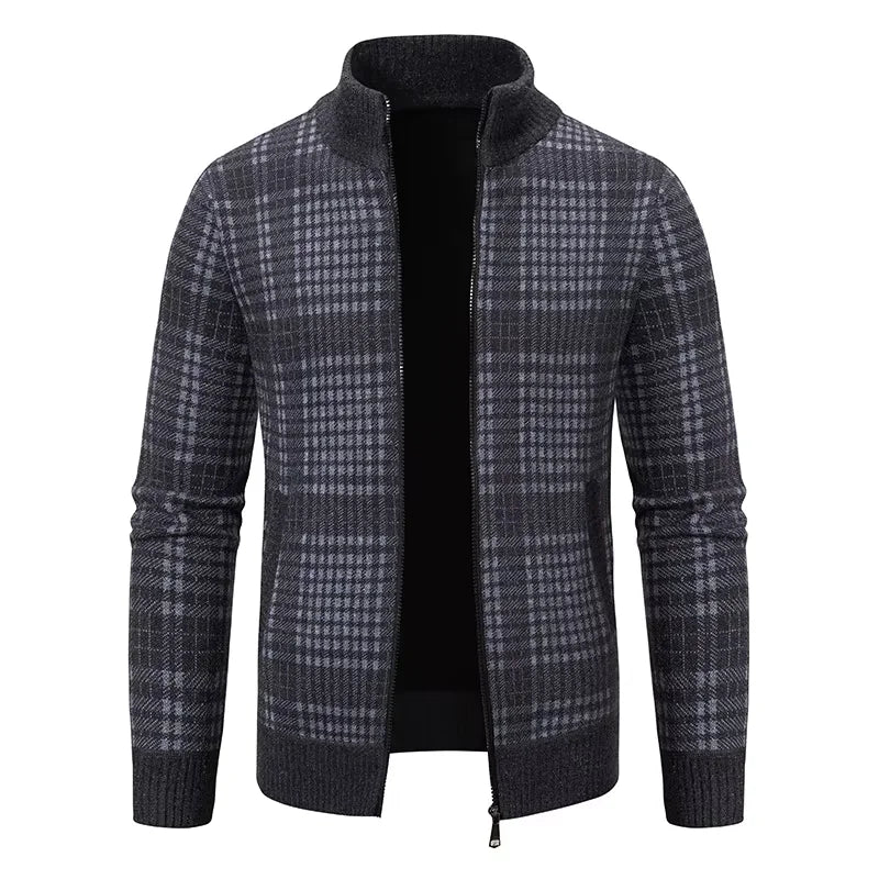 Mens Sweaters Jacket Full Zip Fleeced Sweater Cardigan Plaid Stand Collar Sweaters Coat Autumn Winter Homme Clothes