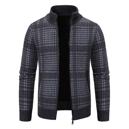 Mens Sweaters Jacket Full Zip Fleeced Sweater Cardigan Plaid Stand Collar Sweaters Coat Autumn Winter Homme Clothes