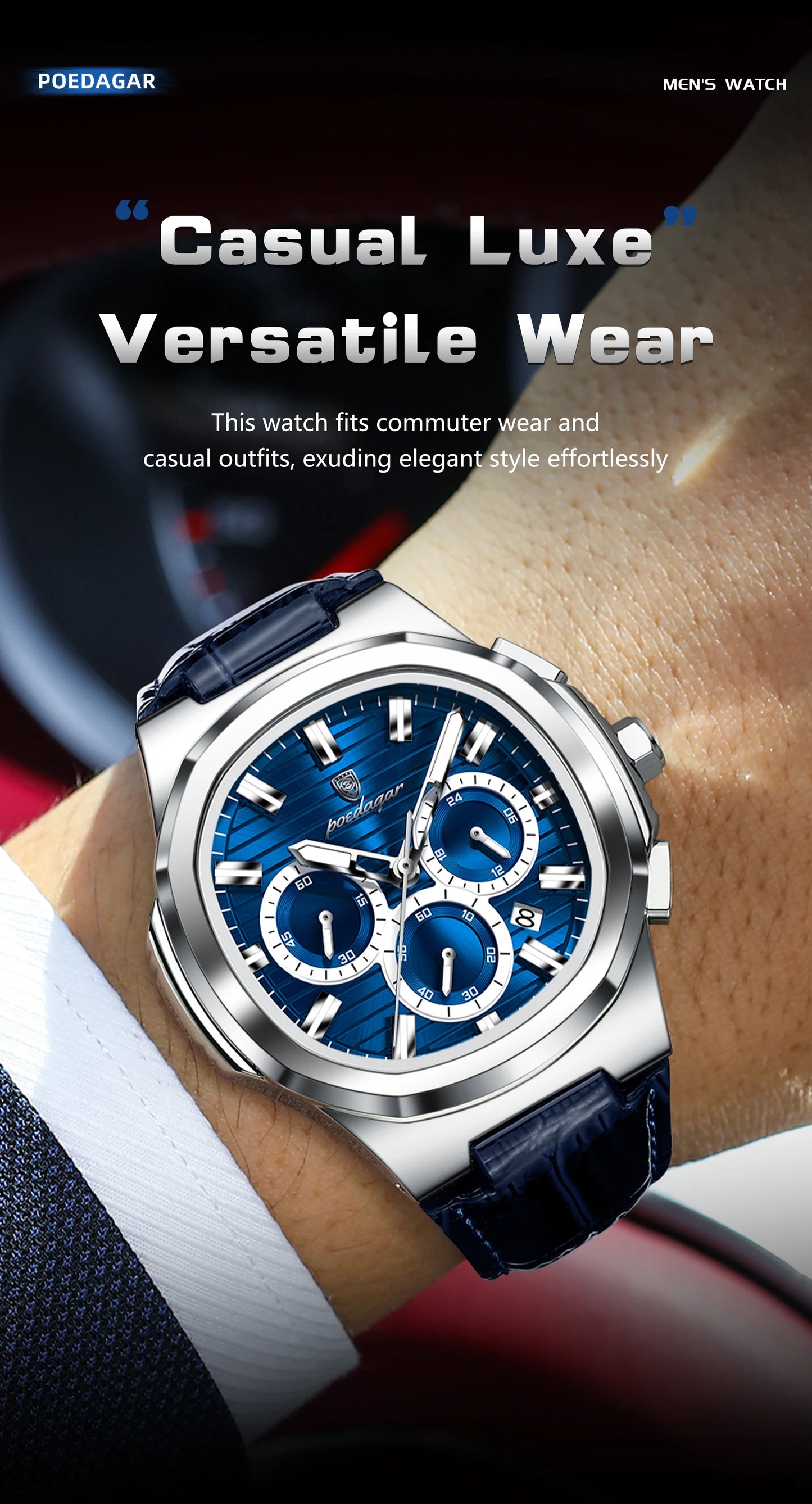 POEDAGAR Top Business Man Wristwatch Date Chronograph Waterproof Luminous Luxury Men Watch Leather Quartz Men's Watches Male+Box