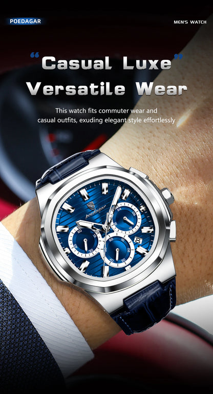 POEDAGAR Top Business Man Wristwatch Date Chronograph Waterproof Luminous Luxury Men Watch Leather Quartz Men's Watches Male+Box
