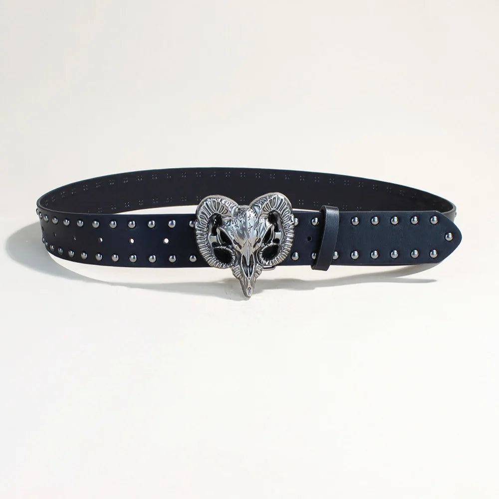 Vintage Western Bull Head Buckle Pu Belt Studded Waist Strap For Jeans Cargo Pants Cowboy Retro Streetwear Accessory